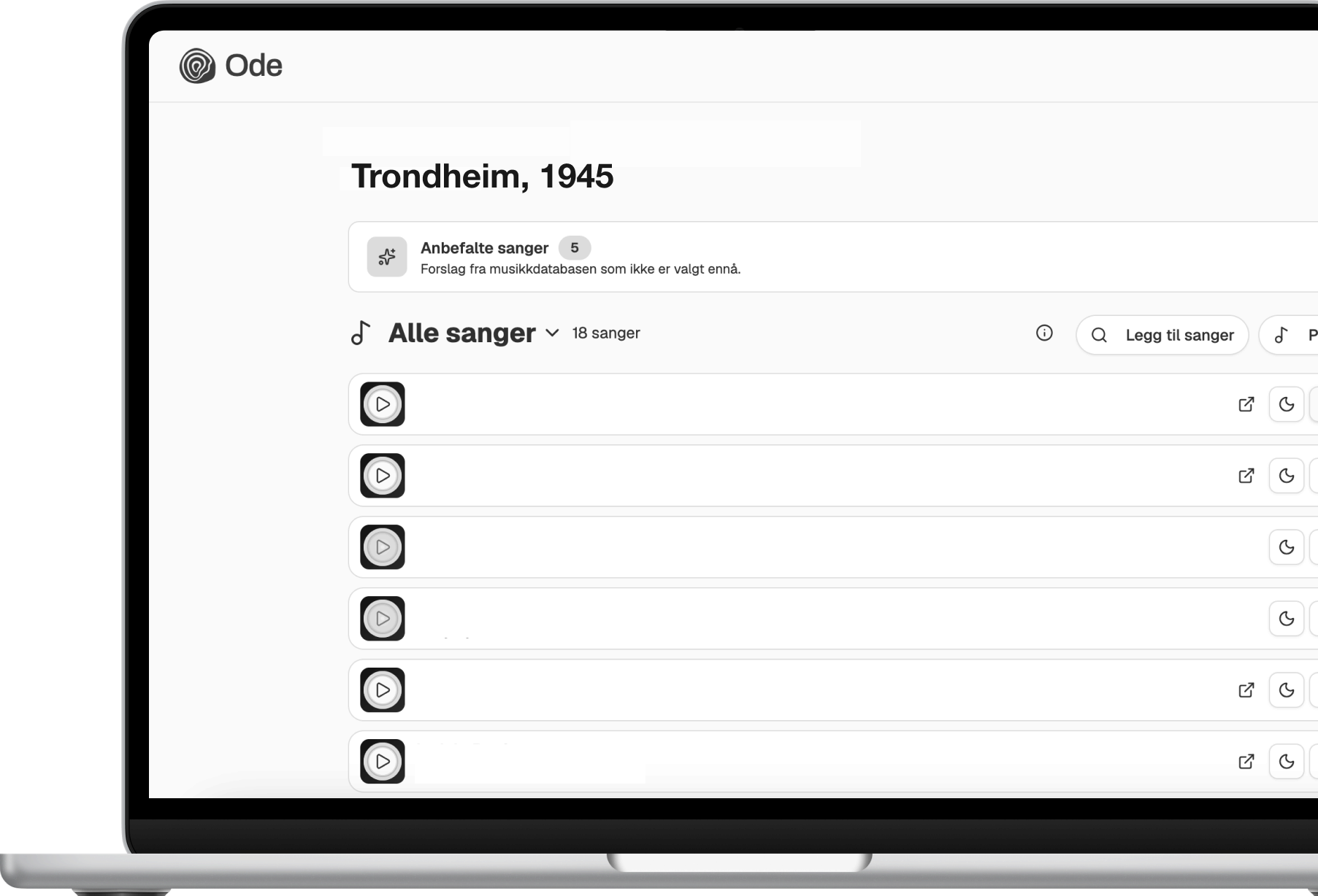 A laptop open on the Ode playlist Trondheim, 1945